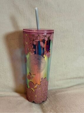 Starbucks Iridescent Floral Butterfly Cold Cup Tumbler Pink Flower Straw 24 Oz